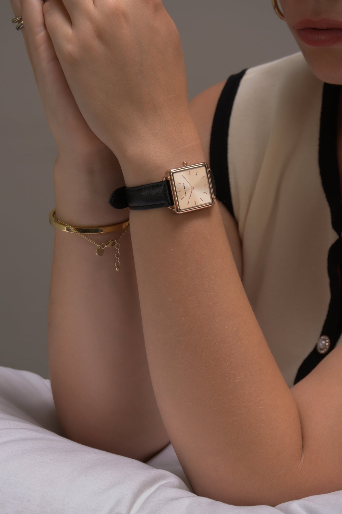 Hannah Martin Aurora Square Watch – Black Leather & Rose Gold (with Bracelet)