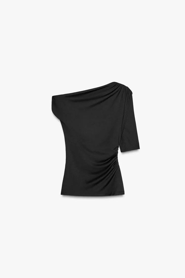 Asymmetric Knit Top – Black with Metallic Shoulder Detail