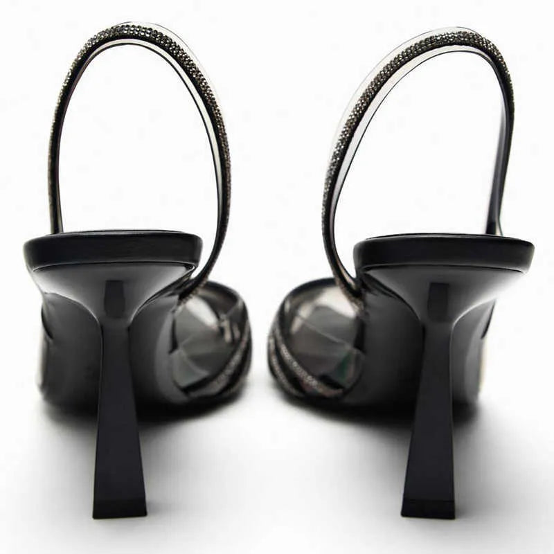ZARA Black Vinyl Heels with Rhinestones