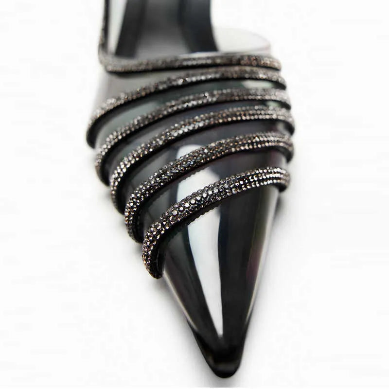 ZARA Black Vinyl Heels with Rhinestones