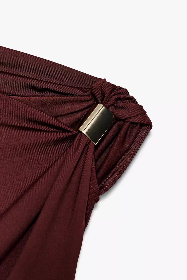 Asymmetric Knit Top – Maroon with Metallic Shoulder Detail