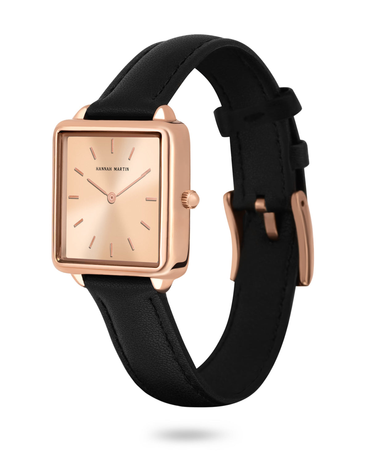 Hannah Martin Aurora Square Watch – Black Leather & Rose Gold (with Bracelet)