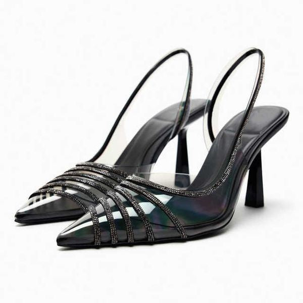 ZARA Black Vinyl Heels with Rhinestones