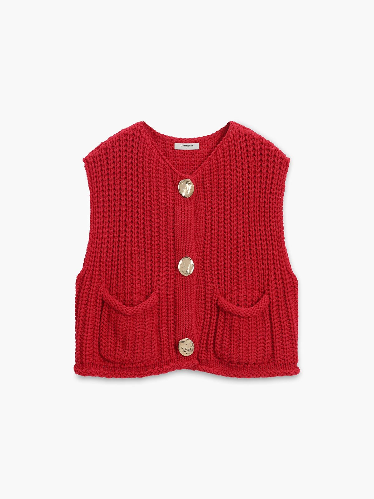 Red knitted vest with gold buttons
