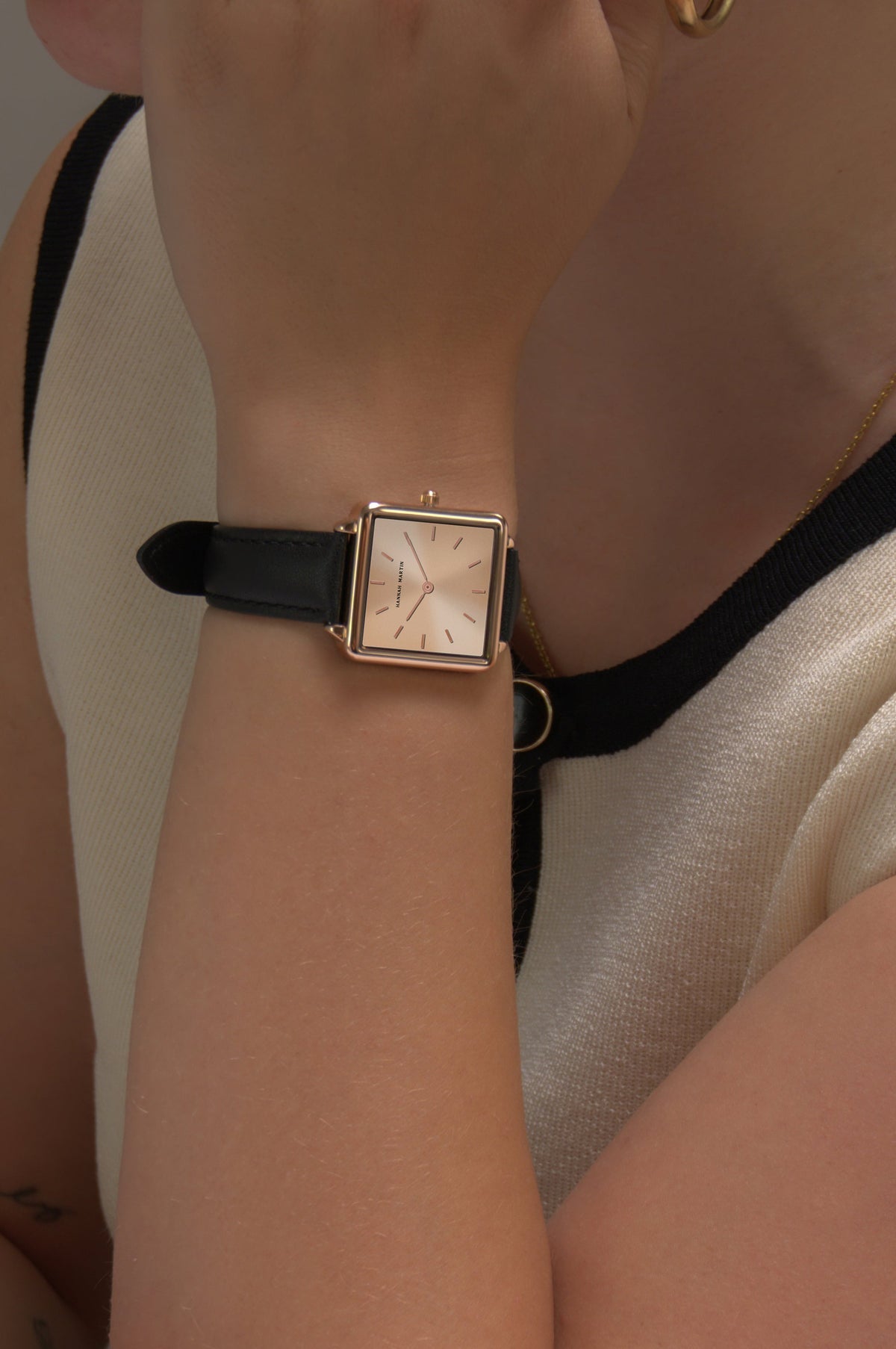 Hannah Martin Aurora Square Watch – Black Leather & Rose Gold (with Bracelet)