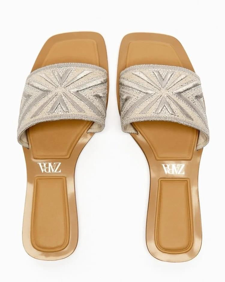 Zara Silver Quilted Flat Sandals