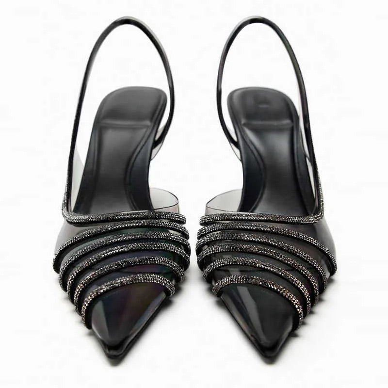 ZARA Black Vinyl Heels with Rhinestones