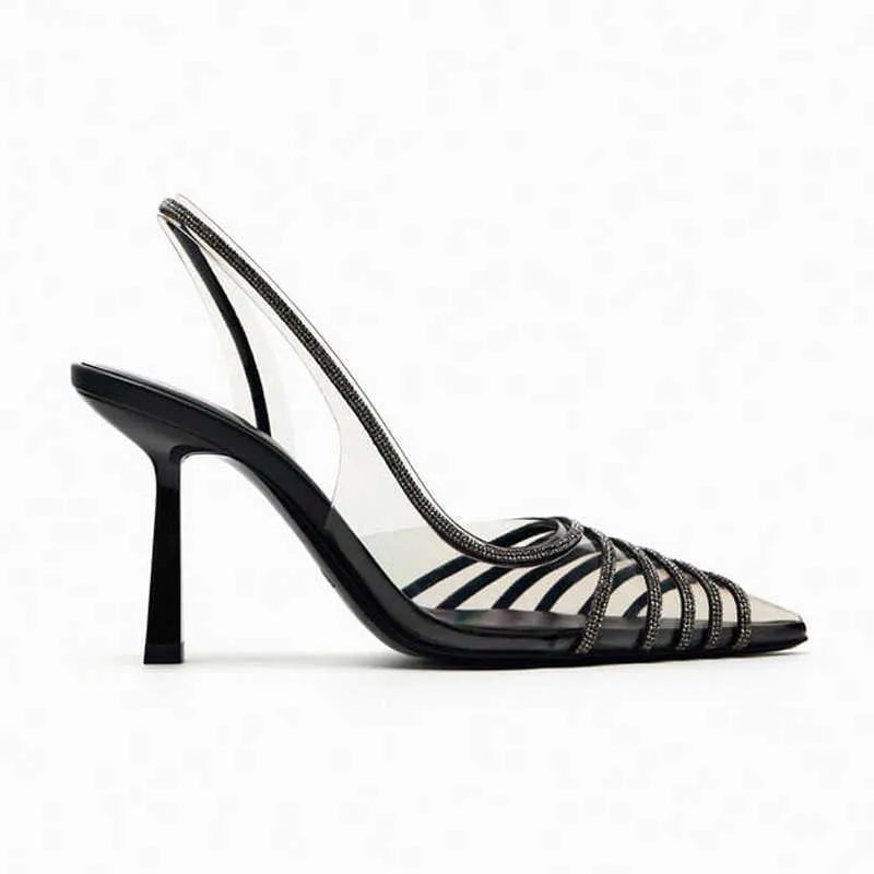ZARA Black Vinyl Heels with Rhinestones
