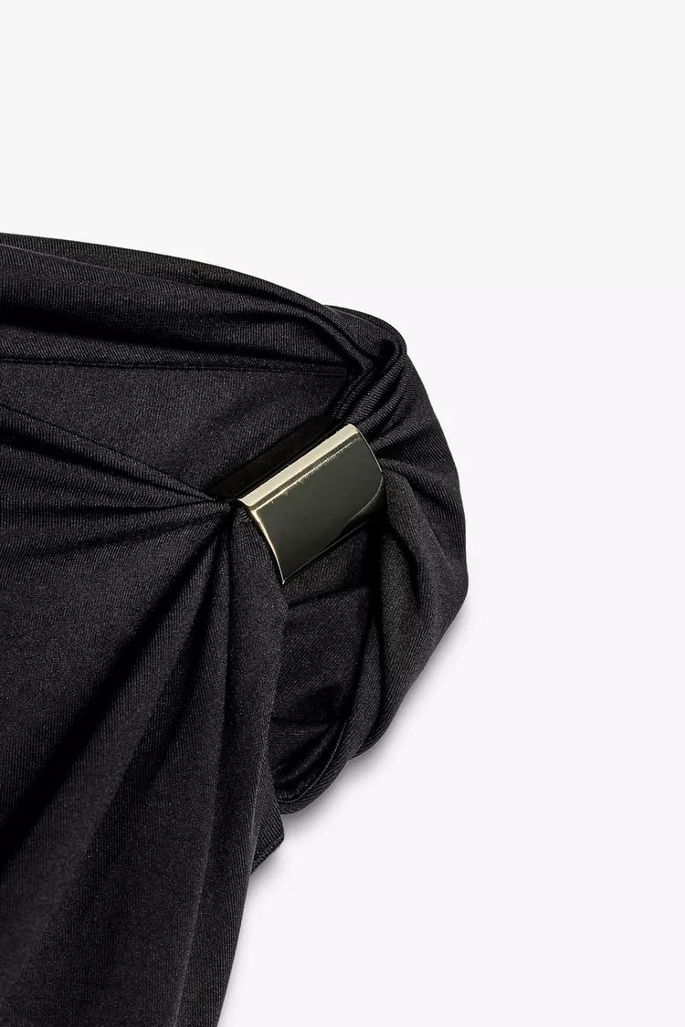 Asymmetric Knit Top – Black with Metallic Shoulder Detail