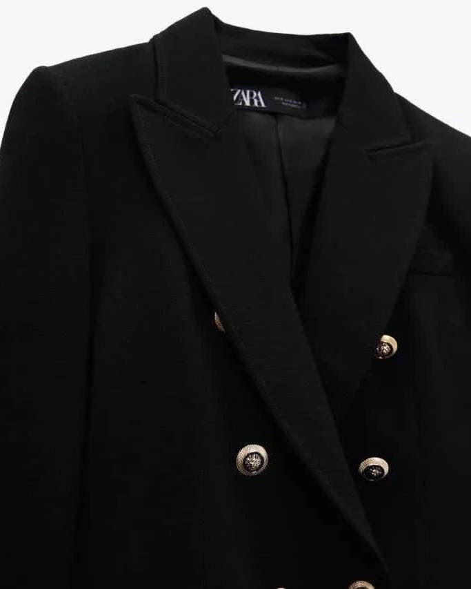 Noir Luxe Double-Breasted Blazer – Gold Button Detail