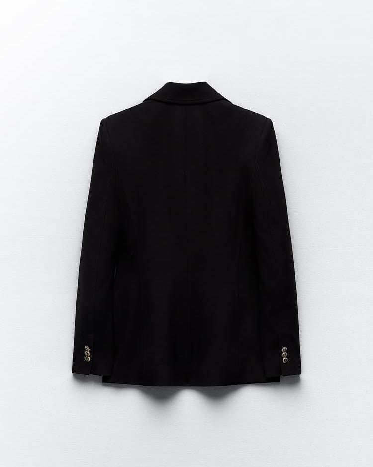 Noir Luxe Double-Breasted Blazer – Gold Button Detail