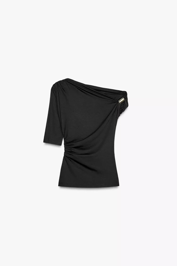 ZA RÁ Asymmetric Knit Top – Black with Metallic Shoulder Detail