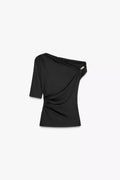Asymmetric Knit Top – Black with Metallic Shoulder Detail