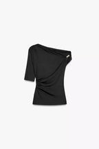 ZA RÁ Asymmetric Knit Top – Black with Metallic Shoulder Detail