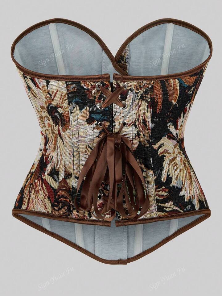 Vintage Floral Off-Shoulder Halter Top – Backless with Waist Cincher