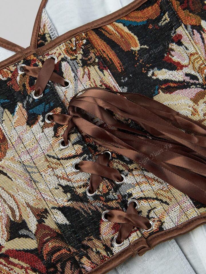 Vintage Floral Off-Shoulder Halter Top – Backless with Waist Cincher