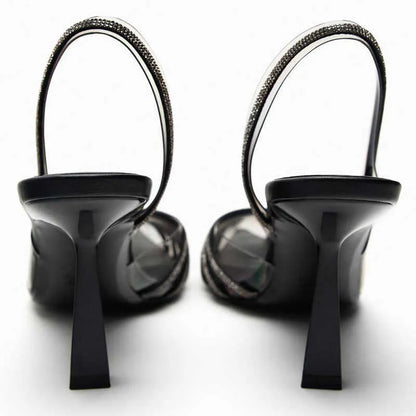 ZARA Black Vinyl Heels with Rhinestones