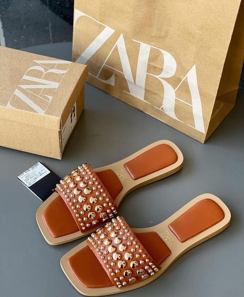 Brown Flat Sandals with Stud Detailing – Edgy Style & All-Day Comfort