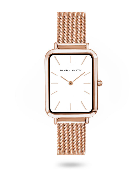 Hannah Martin Luxury Rectangular Watch – Rose Gold & White Dial (with Bangle)