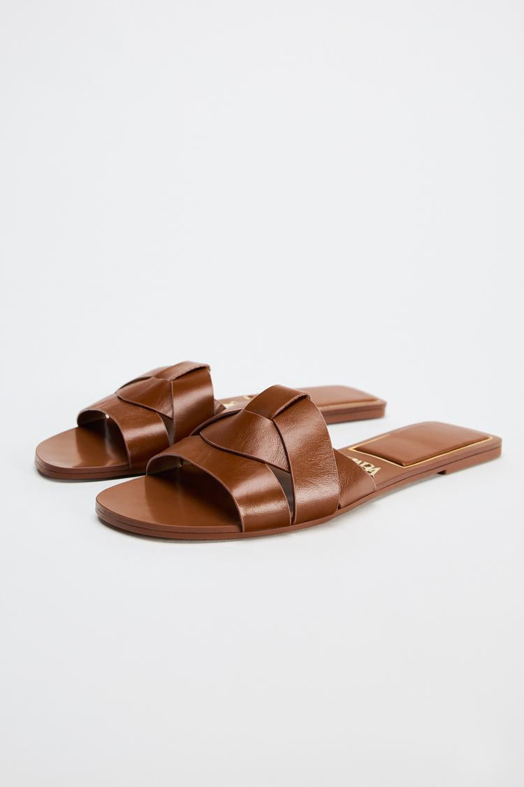 ZA RÁ Brown Crossed Leather Flat Sandals – Earth Tone Edition
