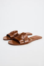 ZA RÁ Brown Crossed Leather Flat Sandals – Earth Tone Edition