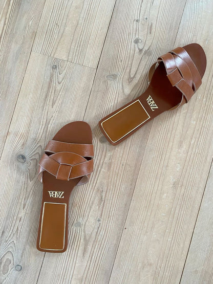Brown Crossed Leather Flat Sandals – Earth Tone Edition