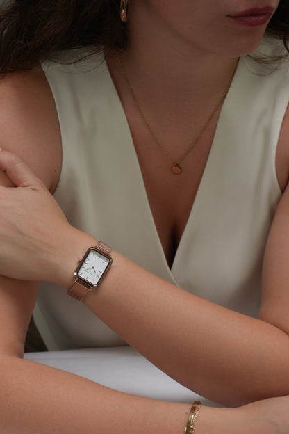 Hannah Martin Luxury Rectangular Watch – Rose Gold & White Dial (with Bangle)