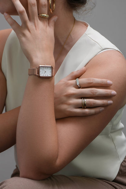 Hannah Martin Luxury Rectangular Watch – Rose Gold & White Dial (with Bangle)