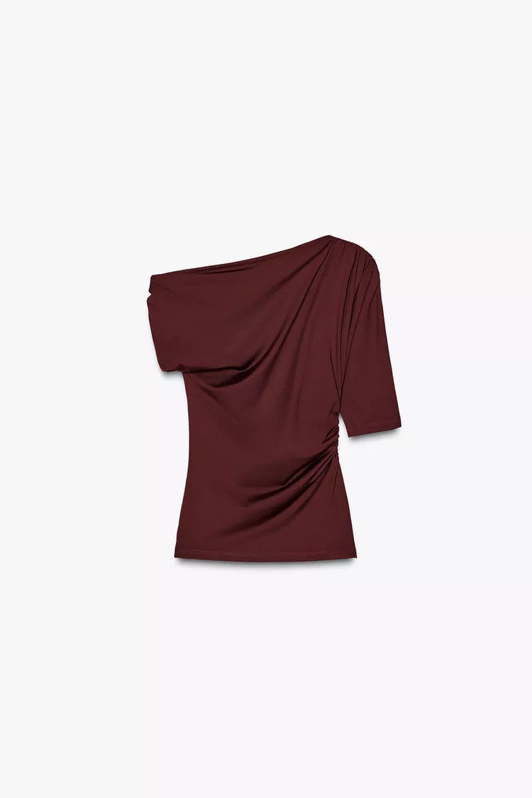 ZA RÁ Asymmetric Knit Top – Maroon with Metallic Shoulder Detail