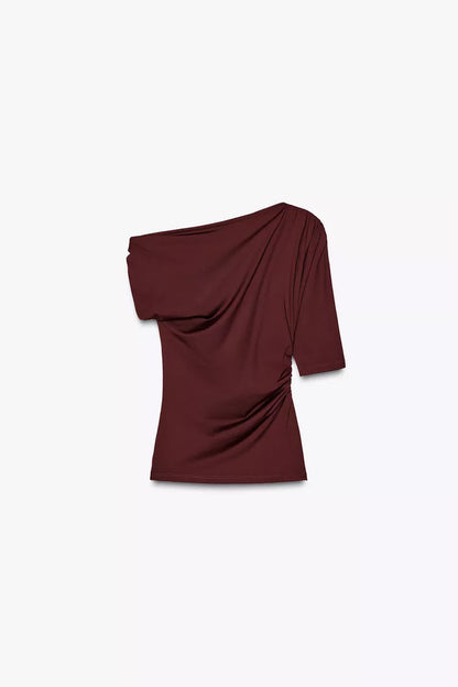 Asymmetric Knit Top – Maroon with Metallic Shoulder Detail