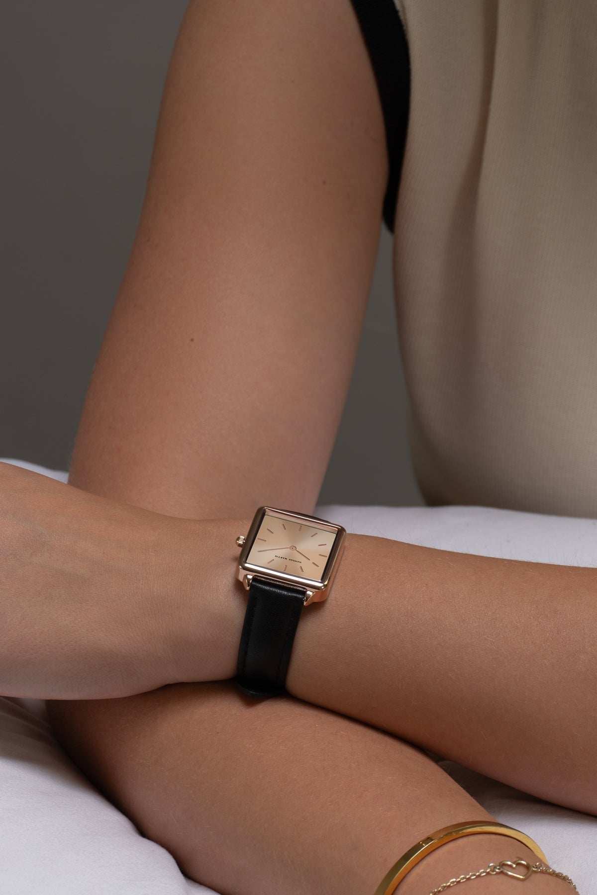 Hannah Martin Aurora Square Watch – Black Leather & Rose Gold (with Bracelet)