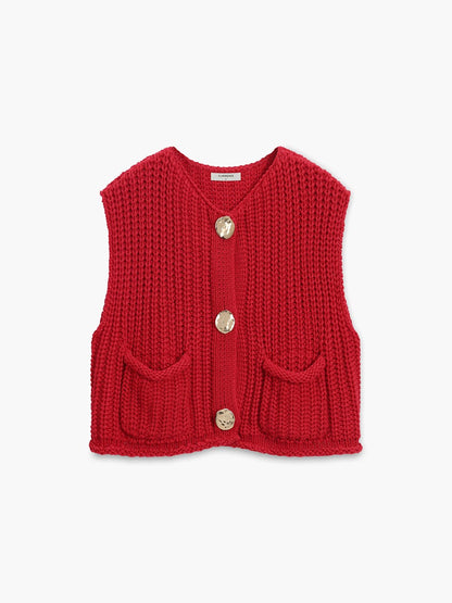 Red knitted vest with gold buttons 
