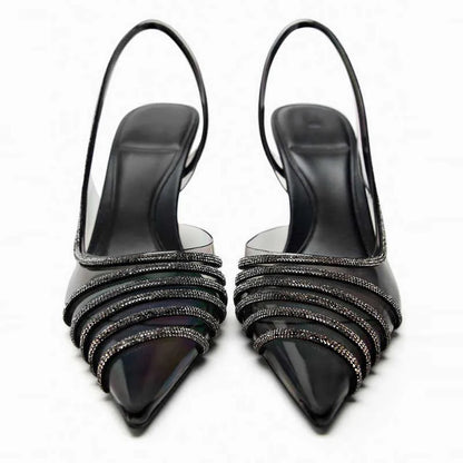 ZARA Black Vinyl Heels with Rhinestones