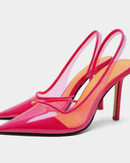 ZA RÁ Transparent Splice Heels – Rose Red Elegance