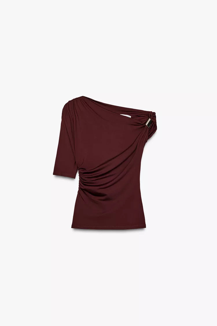 ZA RÁ Asymmetric Knit Top – Maroon with Metallic Shoulder Detail