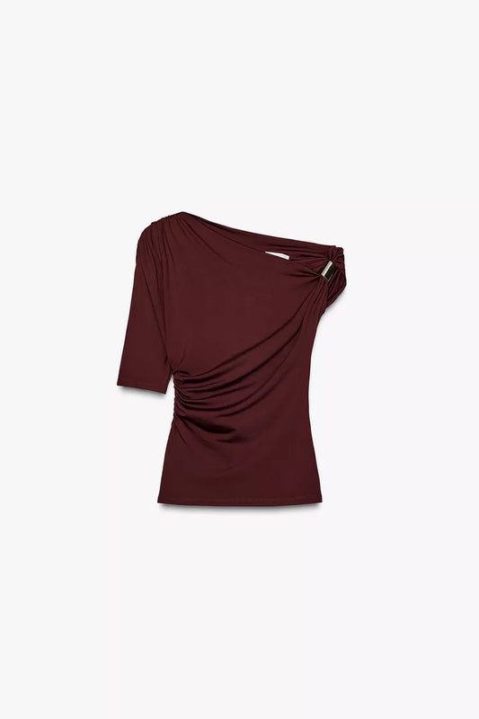 Asymmetric Knit Top – Maroon with Metallic Shoulder Detail