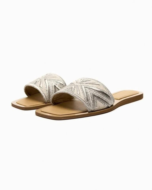 Zara Silver Quilted Flat Sandals