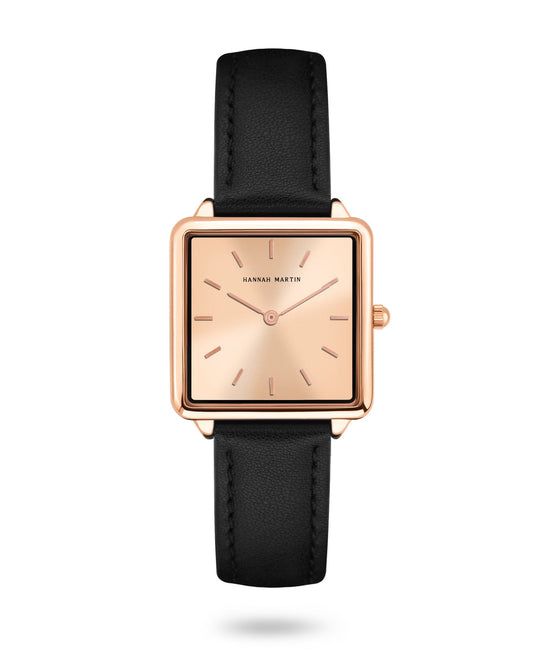 Hannah Martin Aurora Square Watch – Black Leather & Rose Gold (with Bracelet)