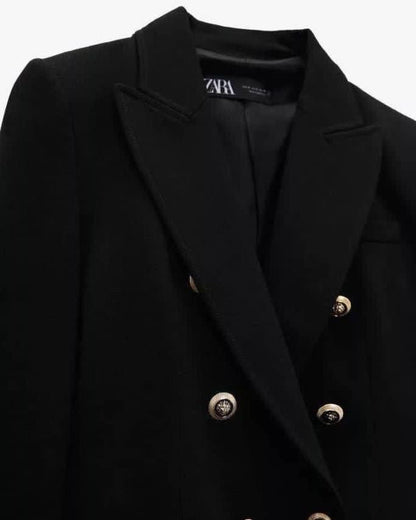 Noir Luxe Double-Breasted Blazer – Gold Button Detail