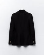 Noir Luxe Double-Breasted Blazer – Gold Button Detail
