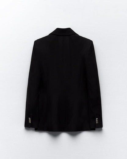 Noir Luxe Double-Breasted Blazer – Gold Button Detail