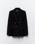 Noir Luxe Double-Breasted Blazer – Gold Button Detail