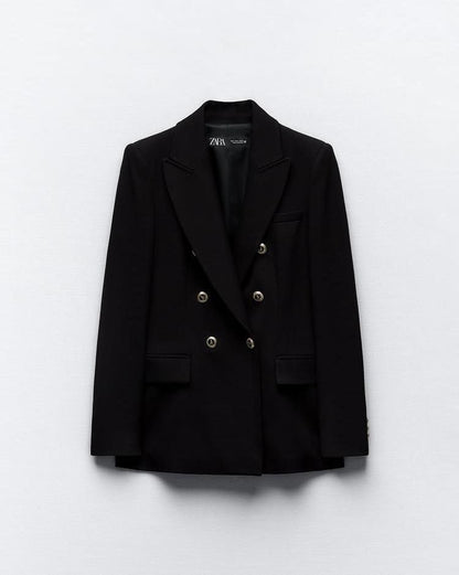 Noir Luxe Double-Breasted Blazer – Gold Button Detail