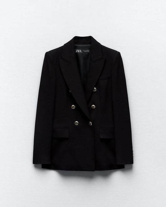 Noir Luxe Double-Breasted Blazer – Gold Button Detail