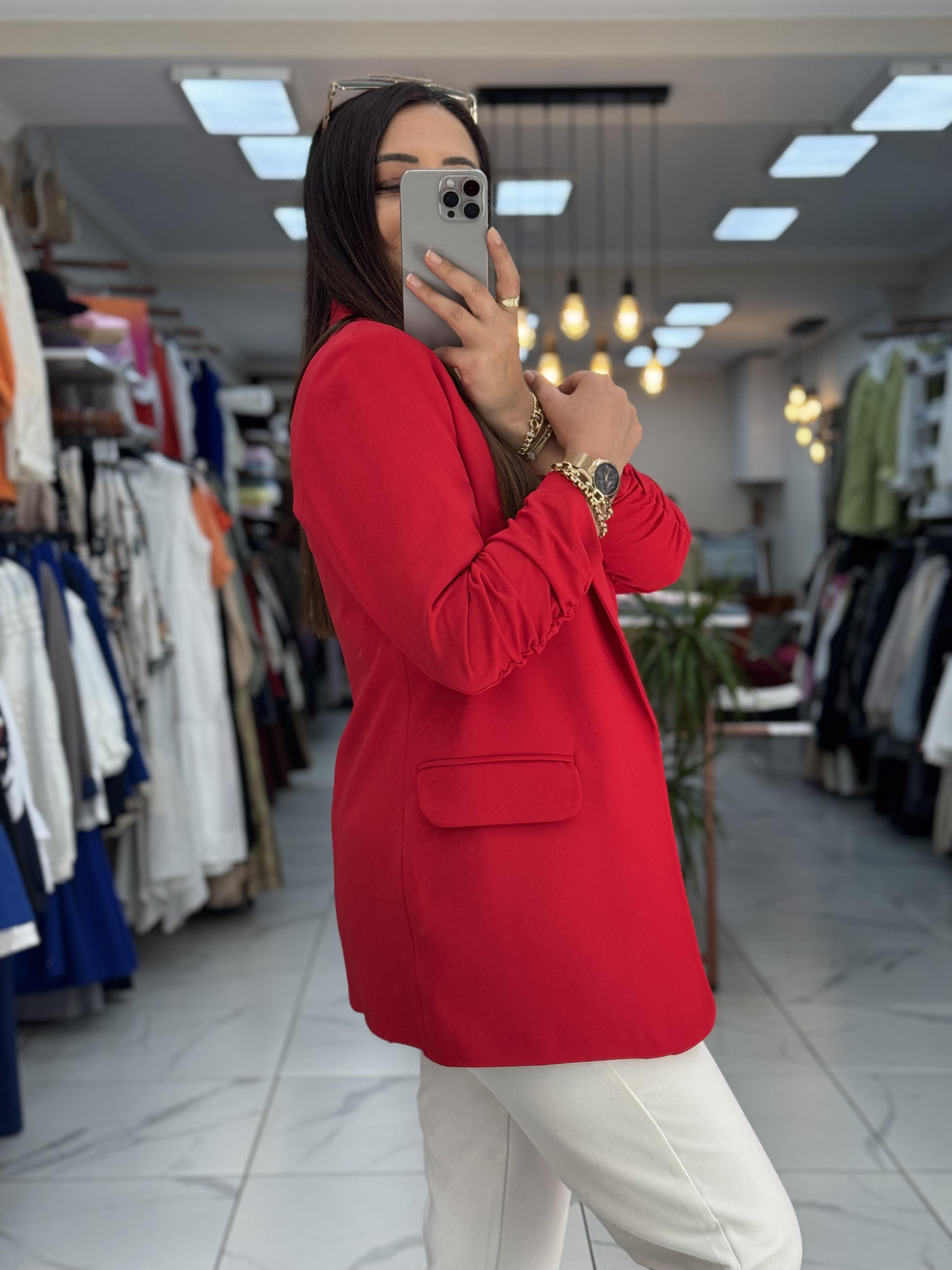 Red buttonless blazer jacket