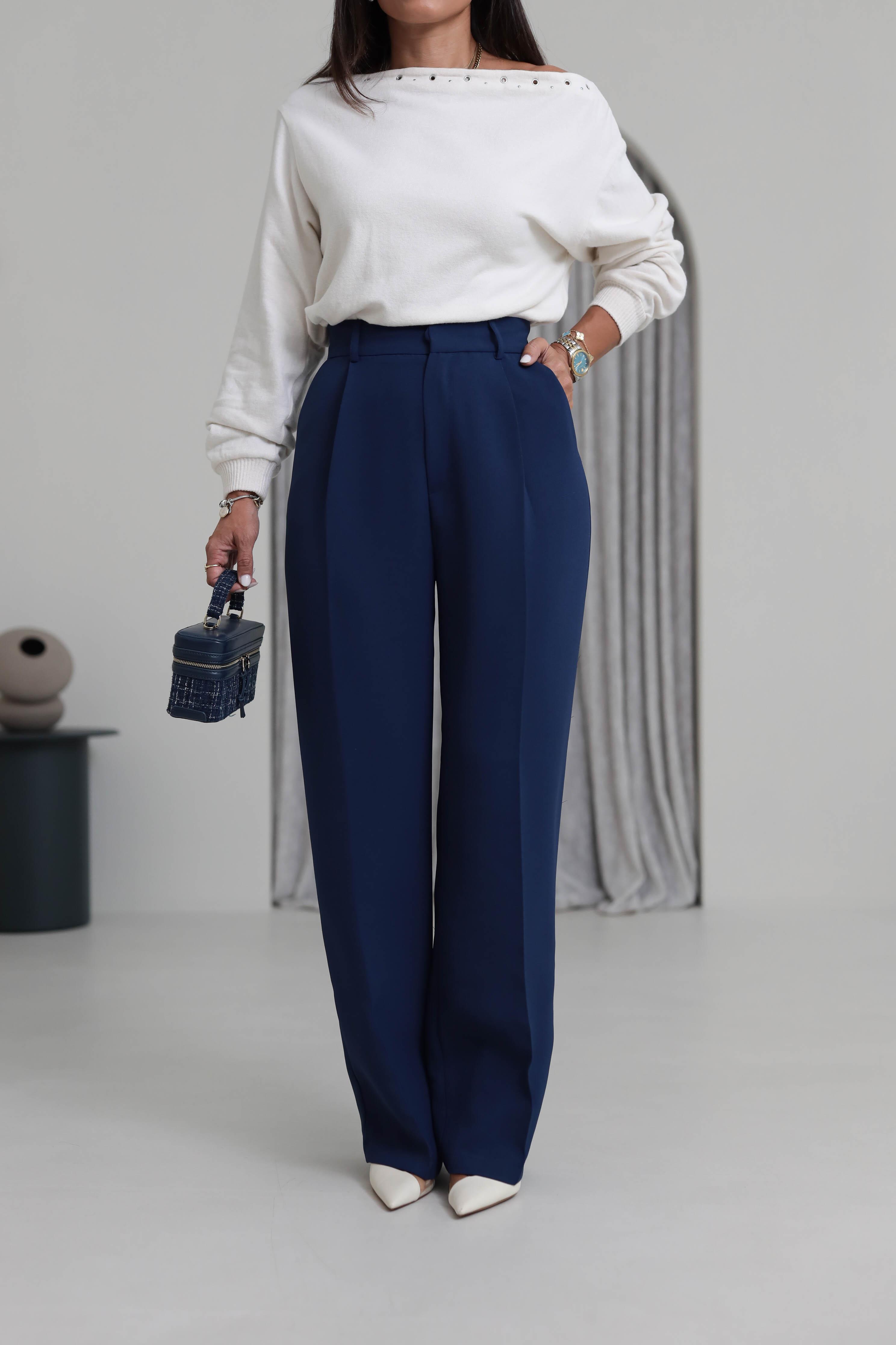 Pleated Detailed Fabric Trousers – Indigo Straight Leg.