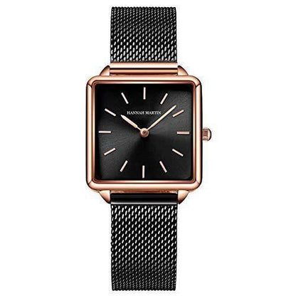Hannah Martin Noir Square Watch – Black Mesh & Gold Rim (with Bracelet)