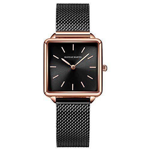 Hannah Martin Noir Square Watch – Black Mesh & Gold Rim (with Bracelet)