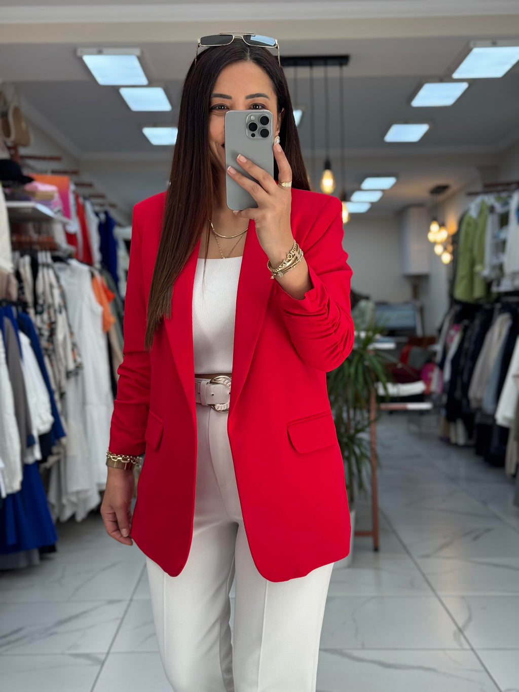 Red buttonless blazer