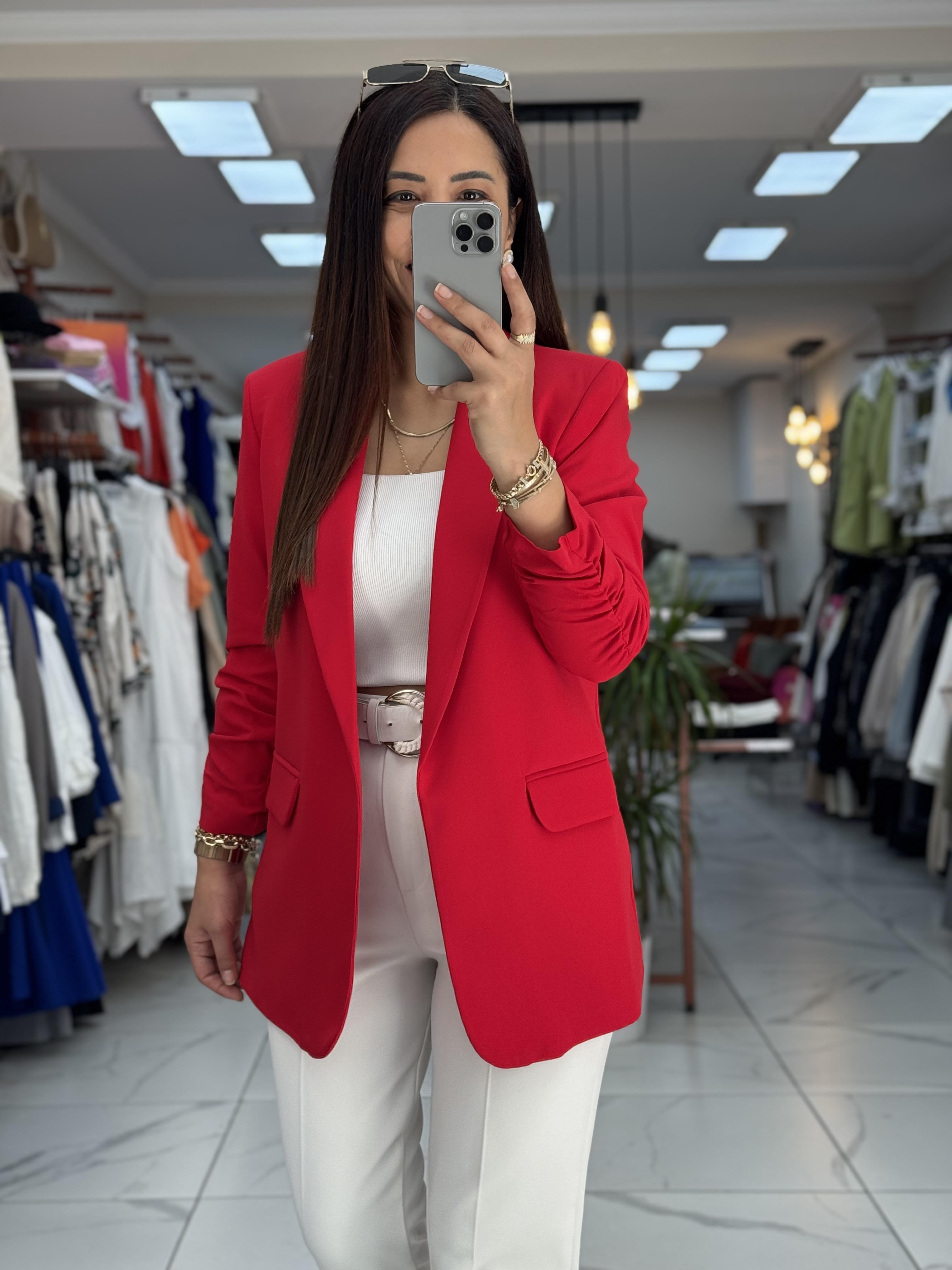 Red buttonless blazer